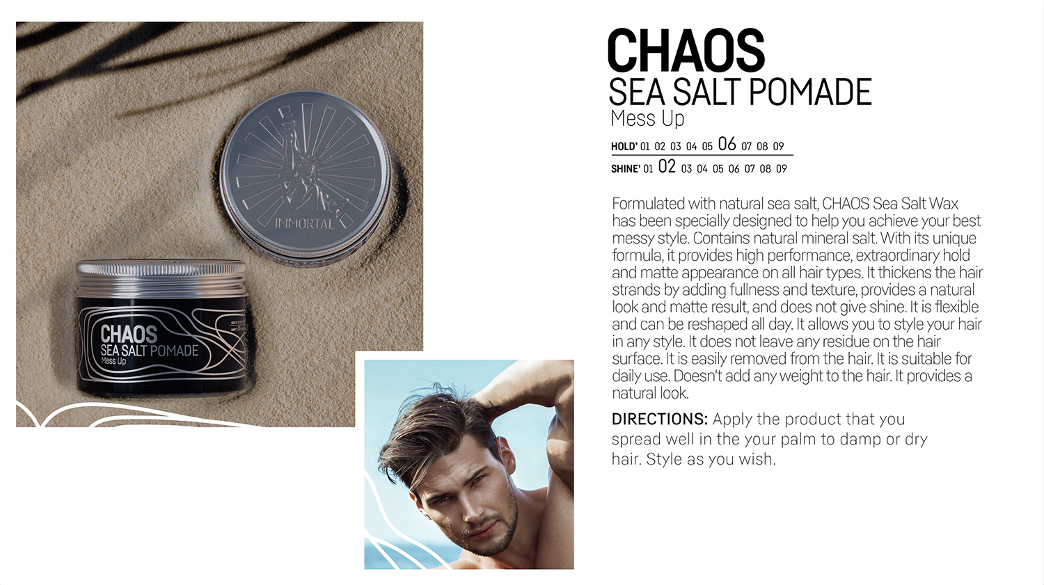 Pomada para cabelo CHAOS SEA SALT POMADE com embalagem metálica roxa e etiquetas pretas e cinza