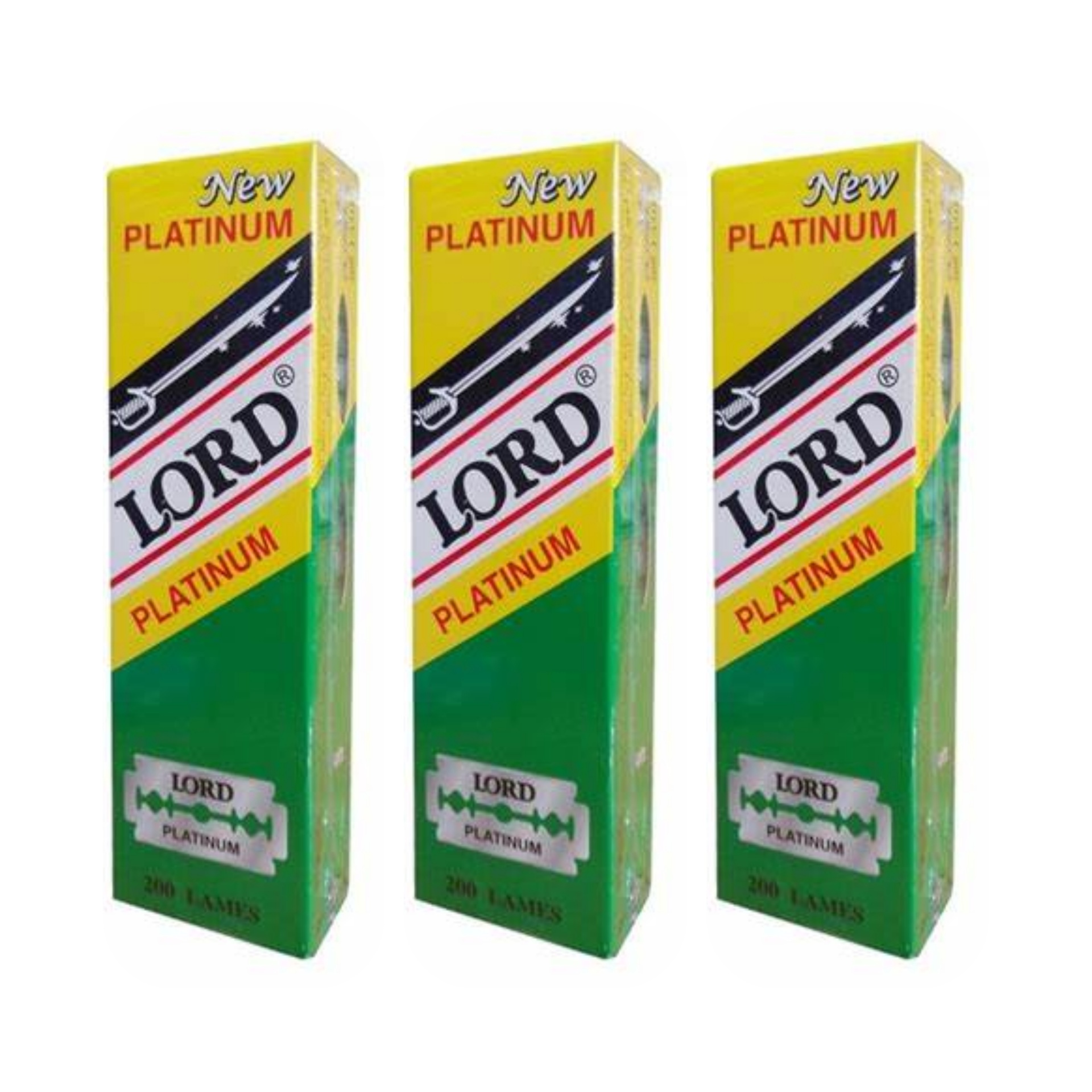 Caixas de lâminas de barbear LORD PLATINUM em verde, amarelo e branco
