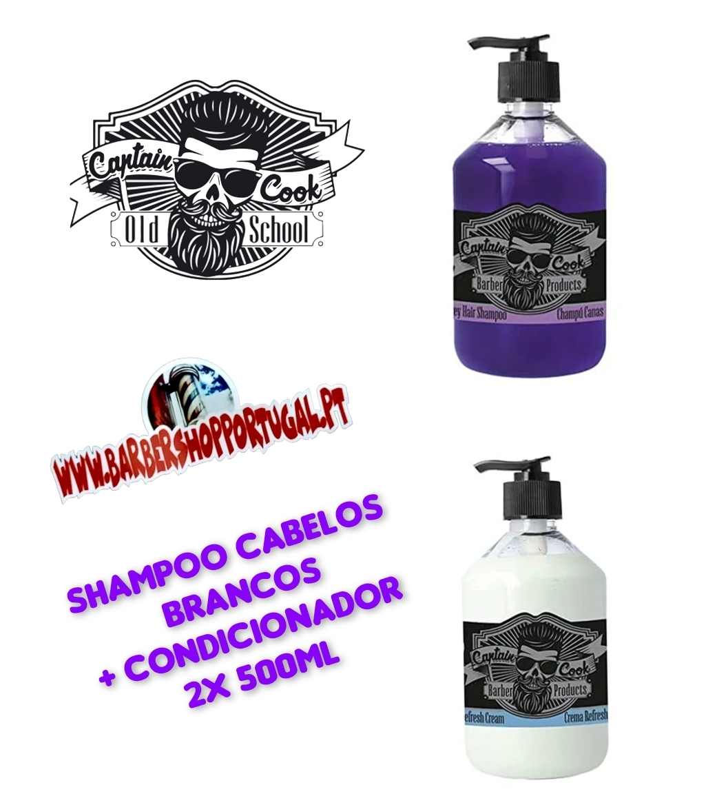 Dois frascos com bomba, shampoo roxo e condicionador branco, etiquetas pretas com logo Captain Cook Old School e texto promocional em português.