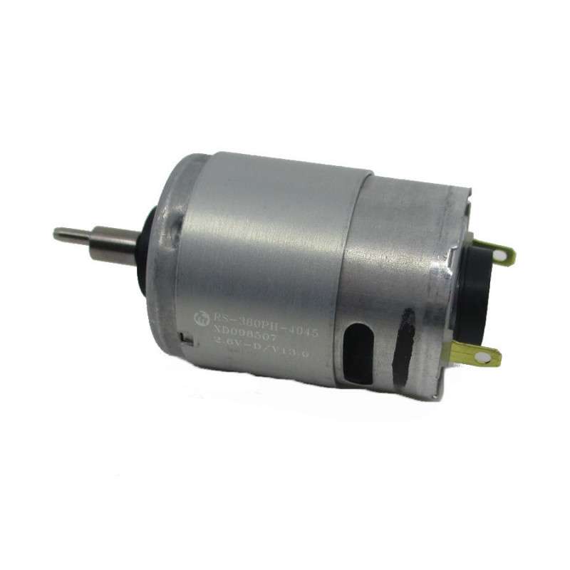 Motor elétrico metálico prateado com eixo e terminais elétricos