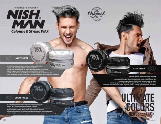 Produtos NISH MAN Coloring & Styling WAX com três cores de cera para cabelo e dois homens com estilos diferentes