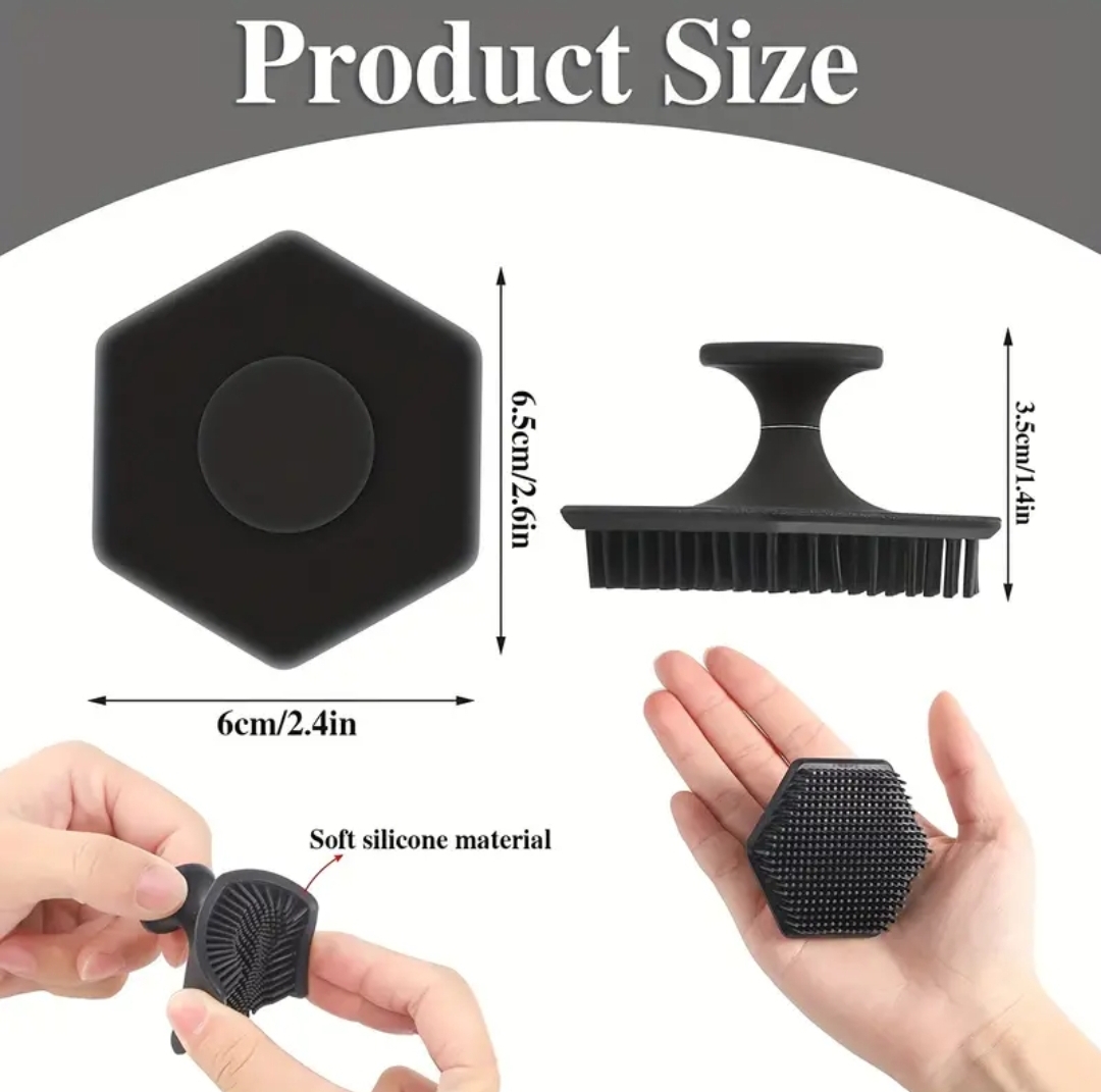 Acessório hexagonal preto de silicone com cerdas, dimensões e texto sobre material