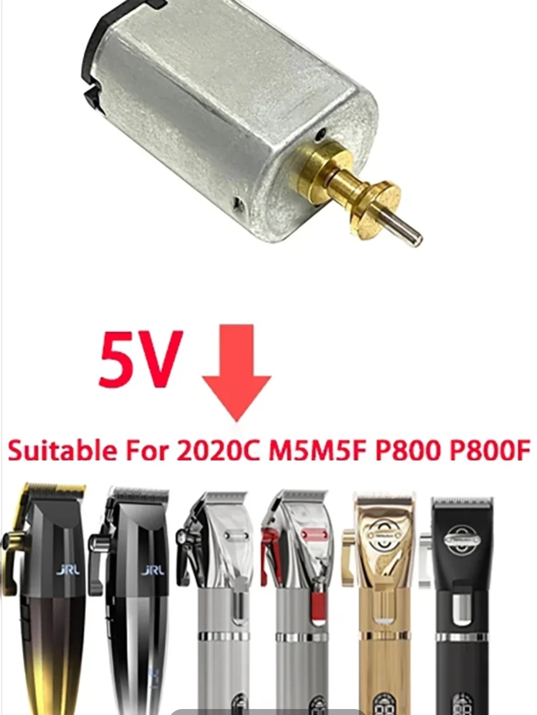 Motor eléctrico prateado com eixo dourado para máquinas de corte, várias máquinas de cabelo na base e texto em vermelho
