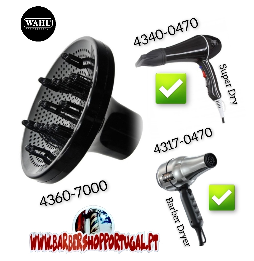 Secadores de cabelo e difusor preto com códigos numéricos e texto promocional em fundo branco