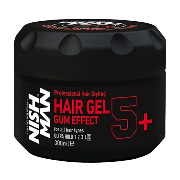 Gel de cabelo profissional NISHMAN preto com texto em vermelho e branco