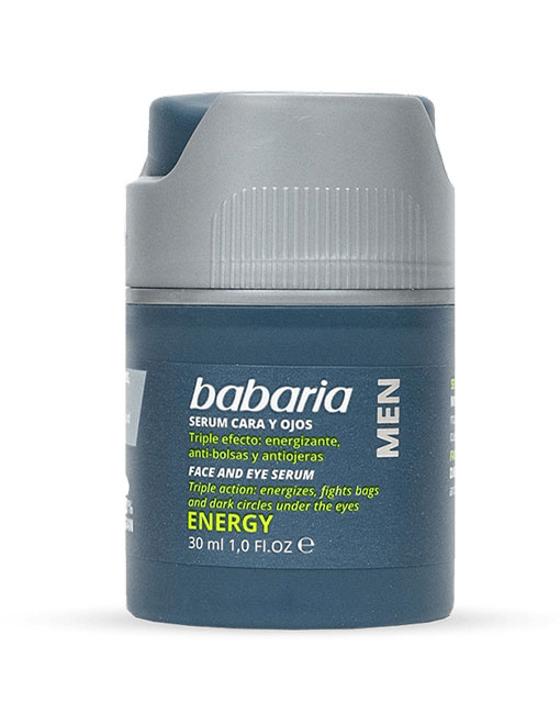 Frasco pequeno azul escuro com tampa cinza claro de sérum Babaria MEN ENERGY