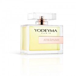 Frasco de perfume YODEYMA ATRÁPAME com líquido amarelo claro e tampa transparente
