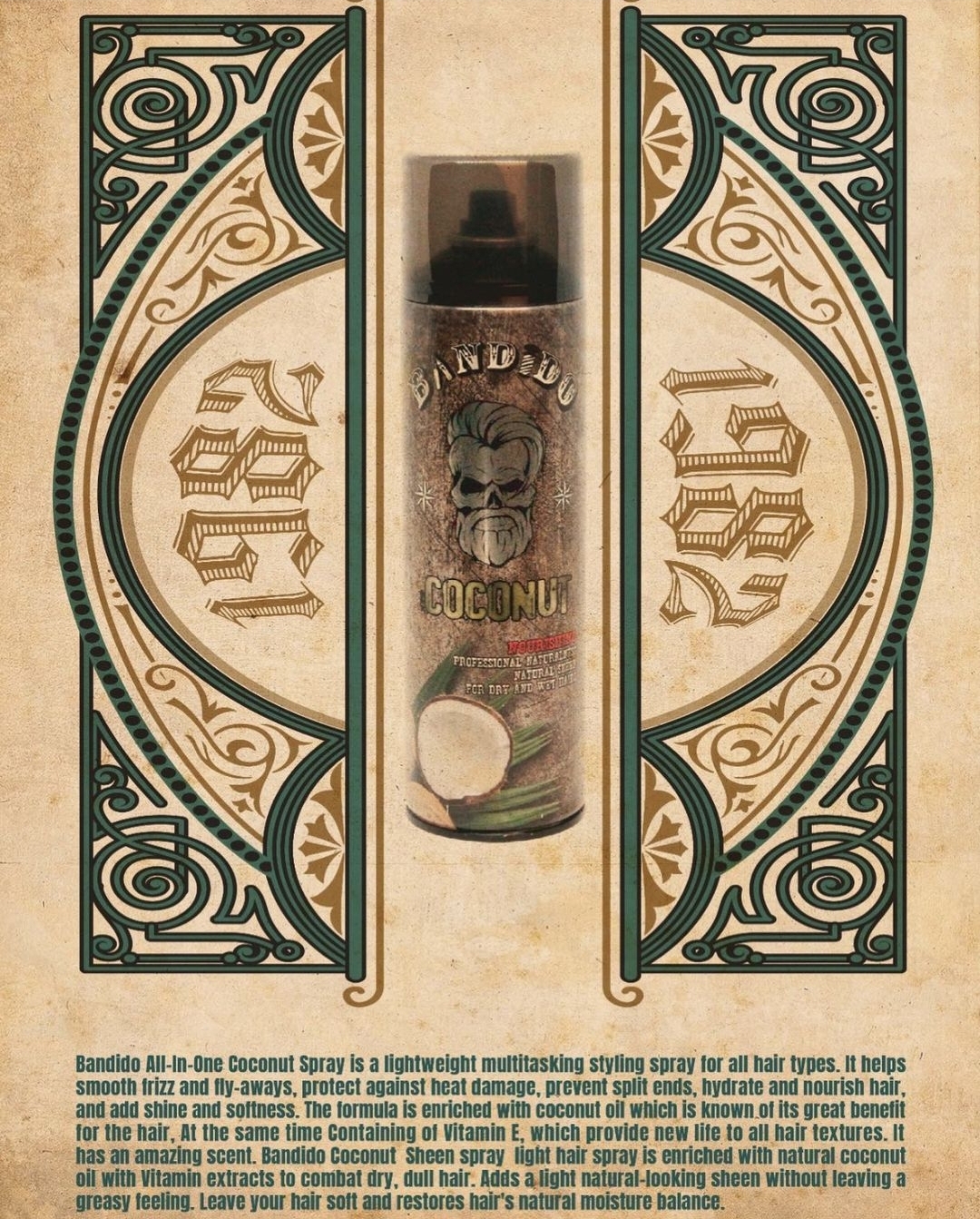 Spray de cabelo Bandido Coconut com design de caveira e cocos, entre painéis decorativos dourados e verdes.
