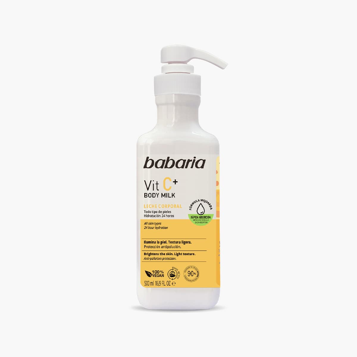 Frasco branco com tampa de bomba dispensadora de leite corporal Babaria Vit C+