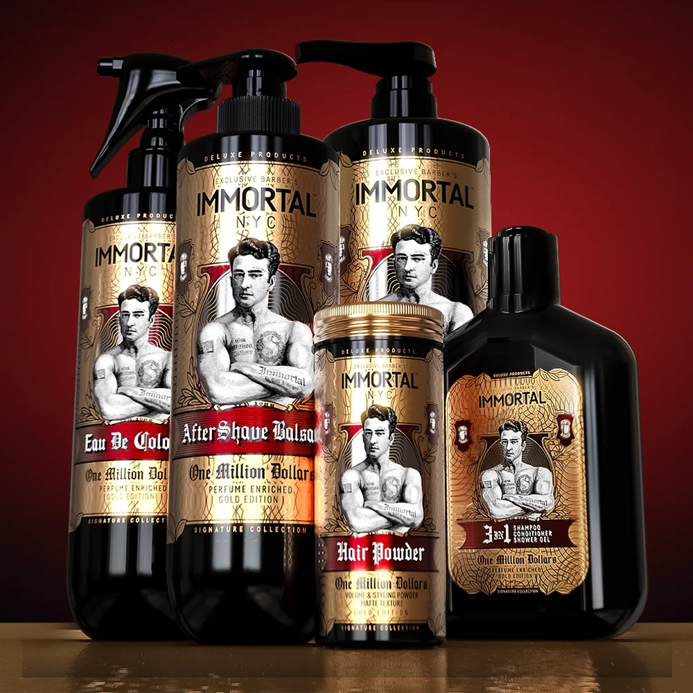 Produtos IMMORTAL NYC para cuidados masculinos com etiquetas douradas e pretas e imagem de homem tatuado