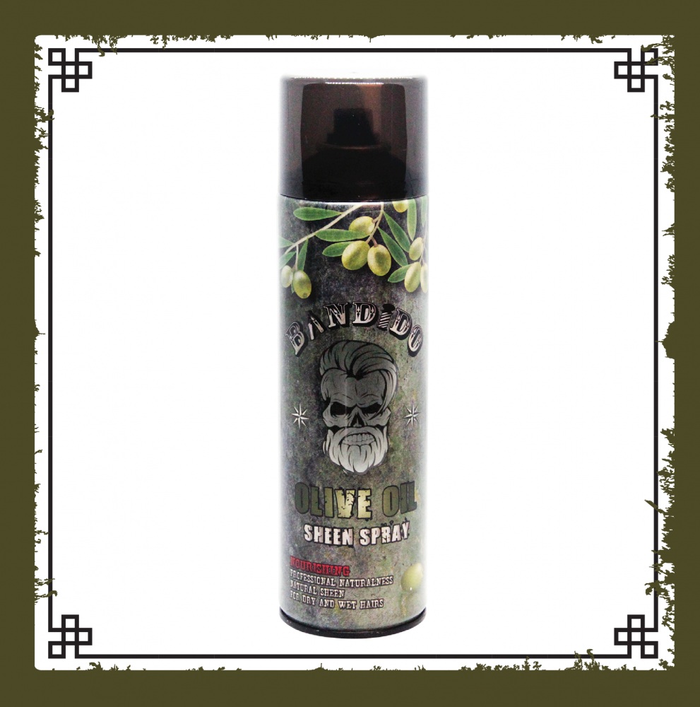 Spray para brilho de cabelo Dandi Du Olive Oil Sheen Spray com ilustrações de azeitonas