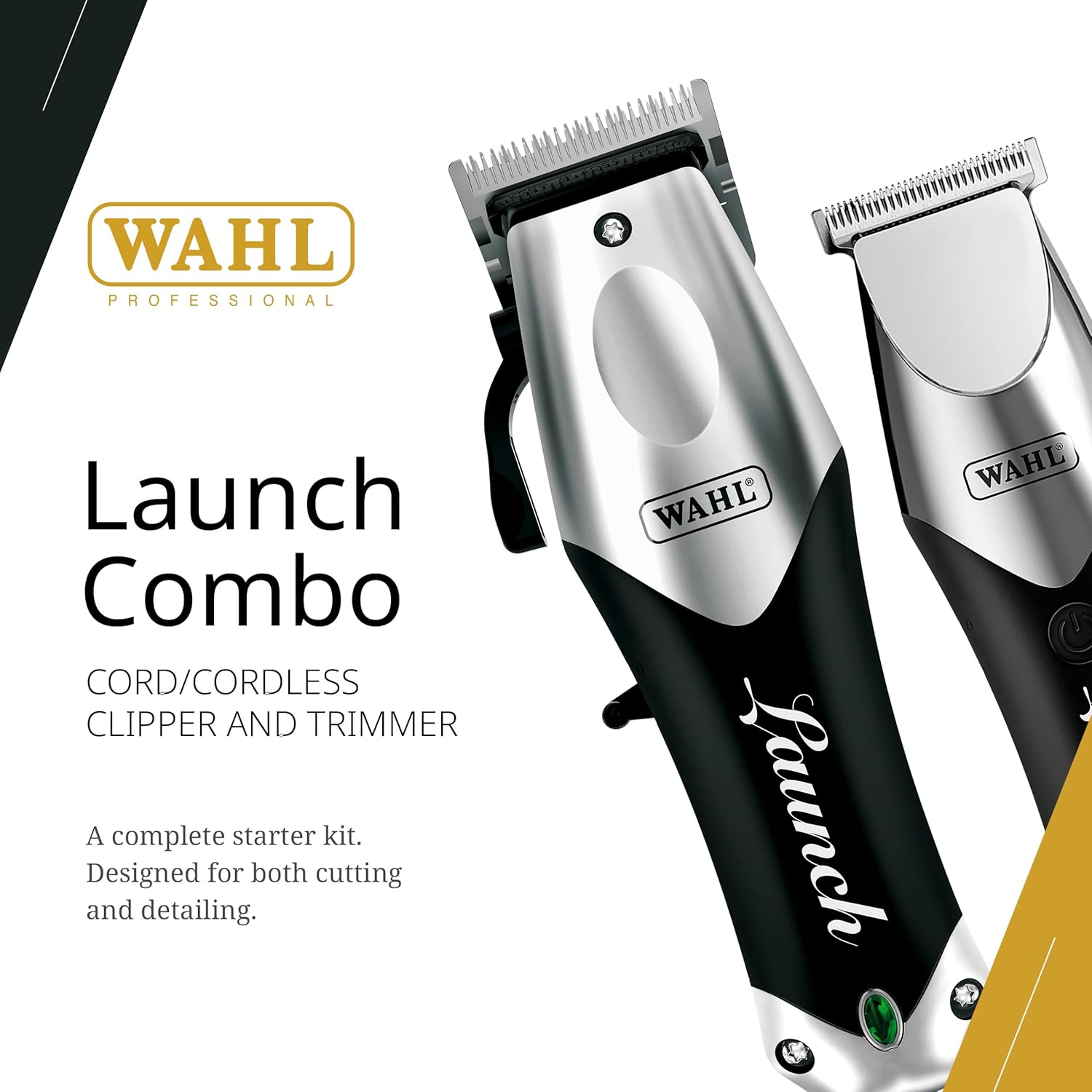 Conjunto WAHL Launch Combo com máquina de cortar cabelo e aparador prateados e pretos.