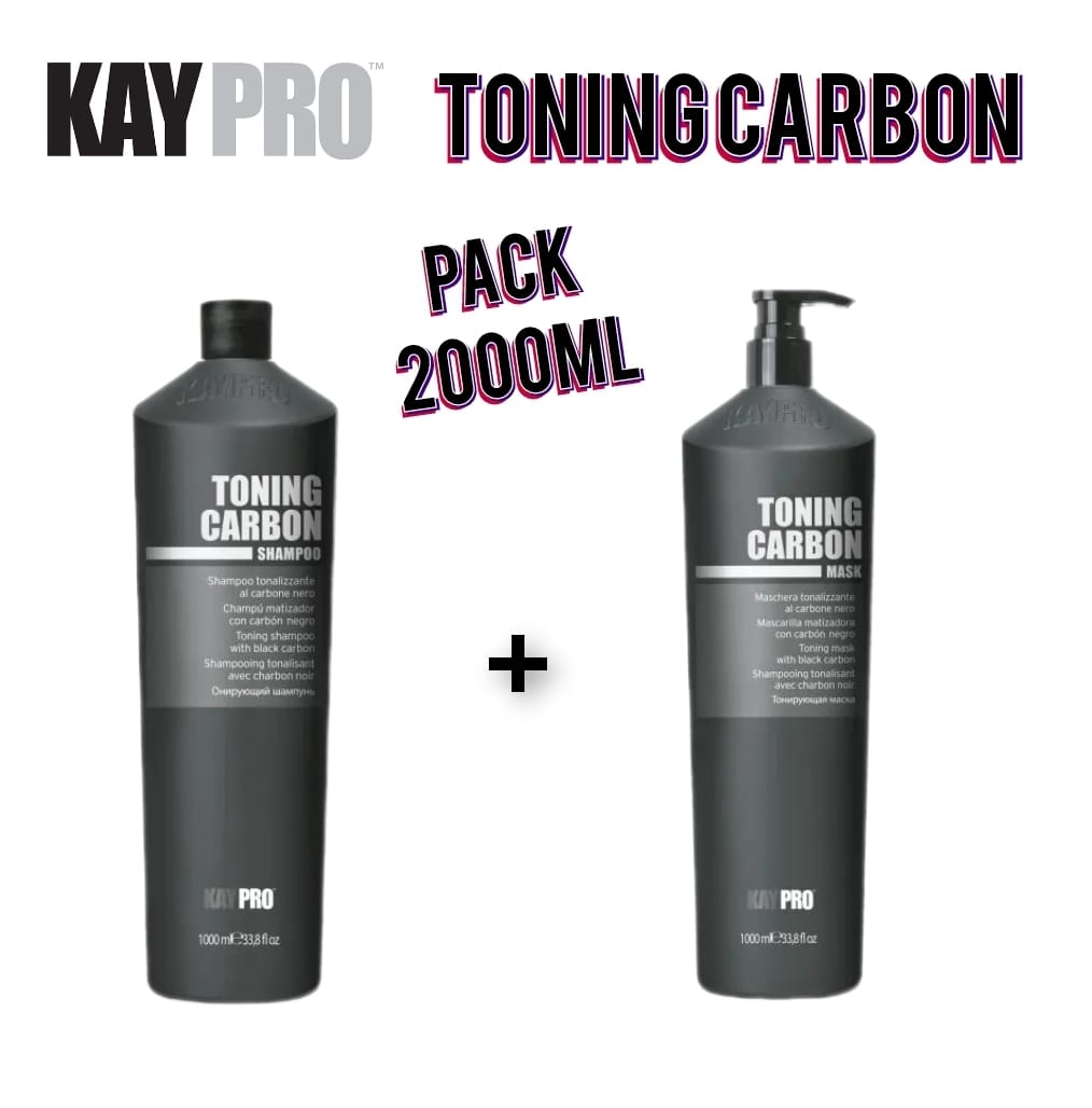 Champô e máscara Kay Pro Toning Carbon em embalagens pretas de 1000ml cada.