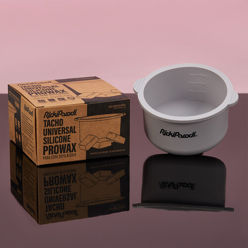 Tacho universal de silicone branco com embalagem castanha com texto preto