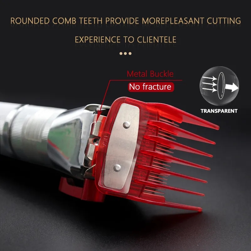 Máquina de cortar cabelo com pente vermelho e textos explicativos