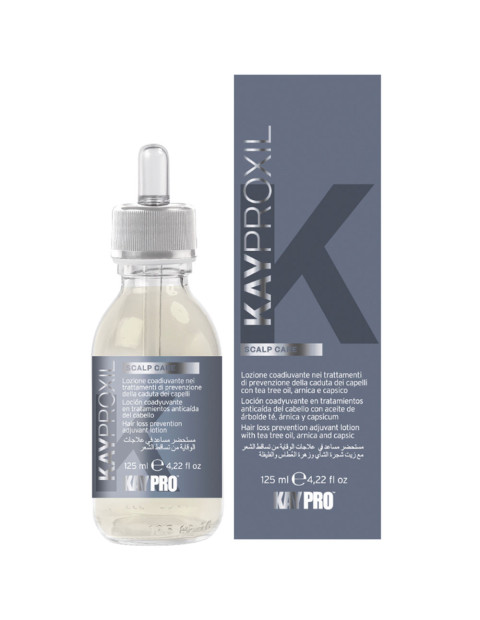 Frasco com conta-gotas e caixa cinzenta do produto capilar KAYPROXIL