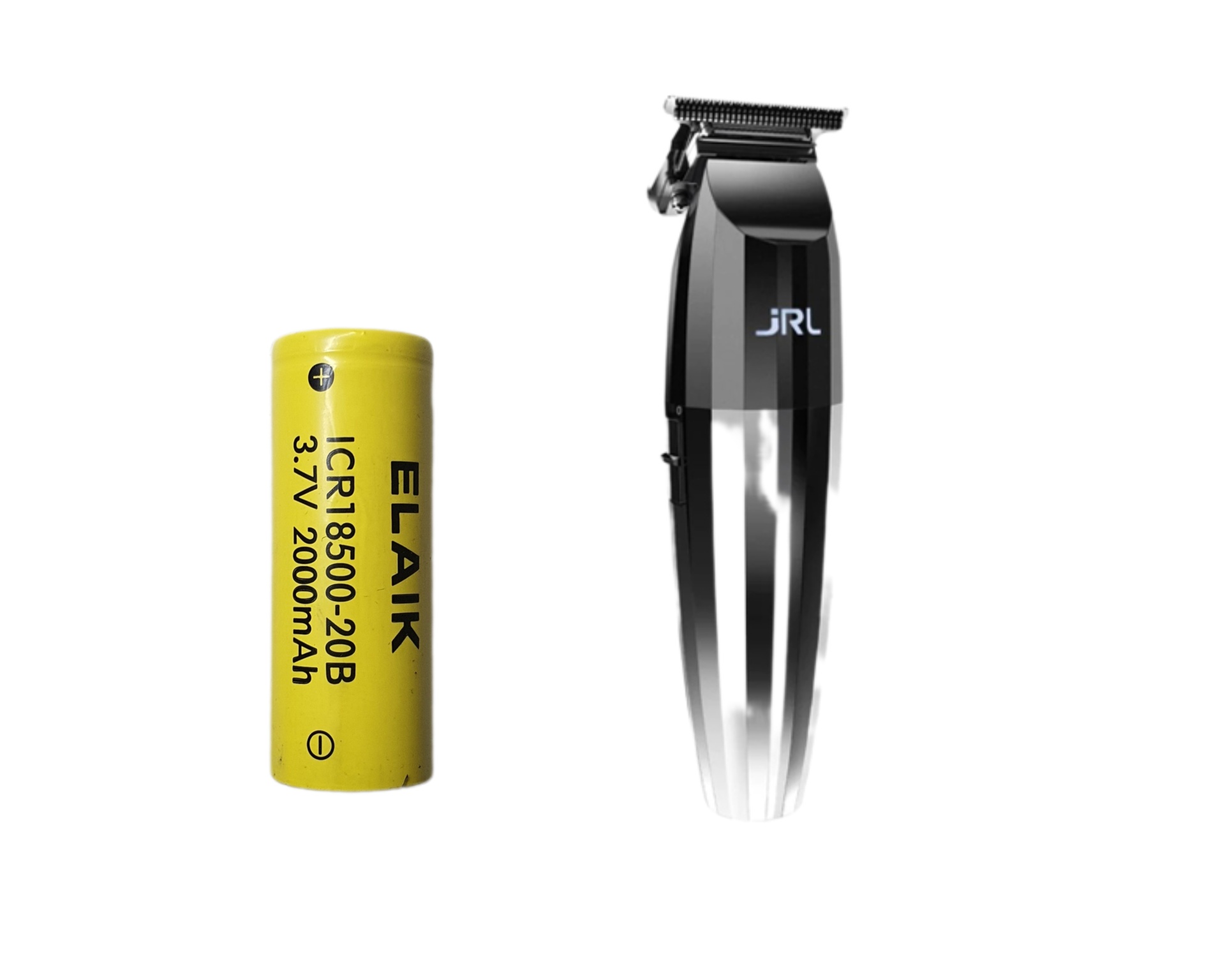 Cortador de cabelo preto JRL ao lado de uma bateria amarela com texto preto