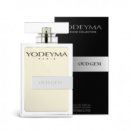 Frasco de perfume Yodeyma Oud Gem com caixa preta