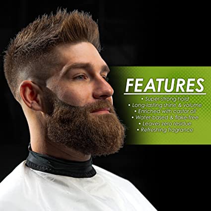 Homem com cabelo e barba bem tratados ao lado de texto com características do produto