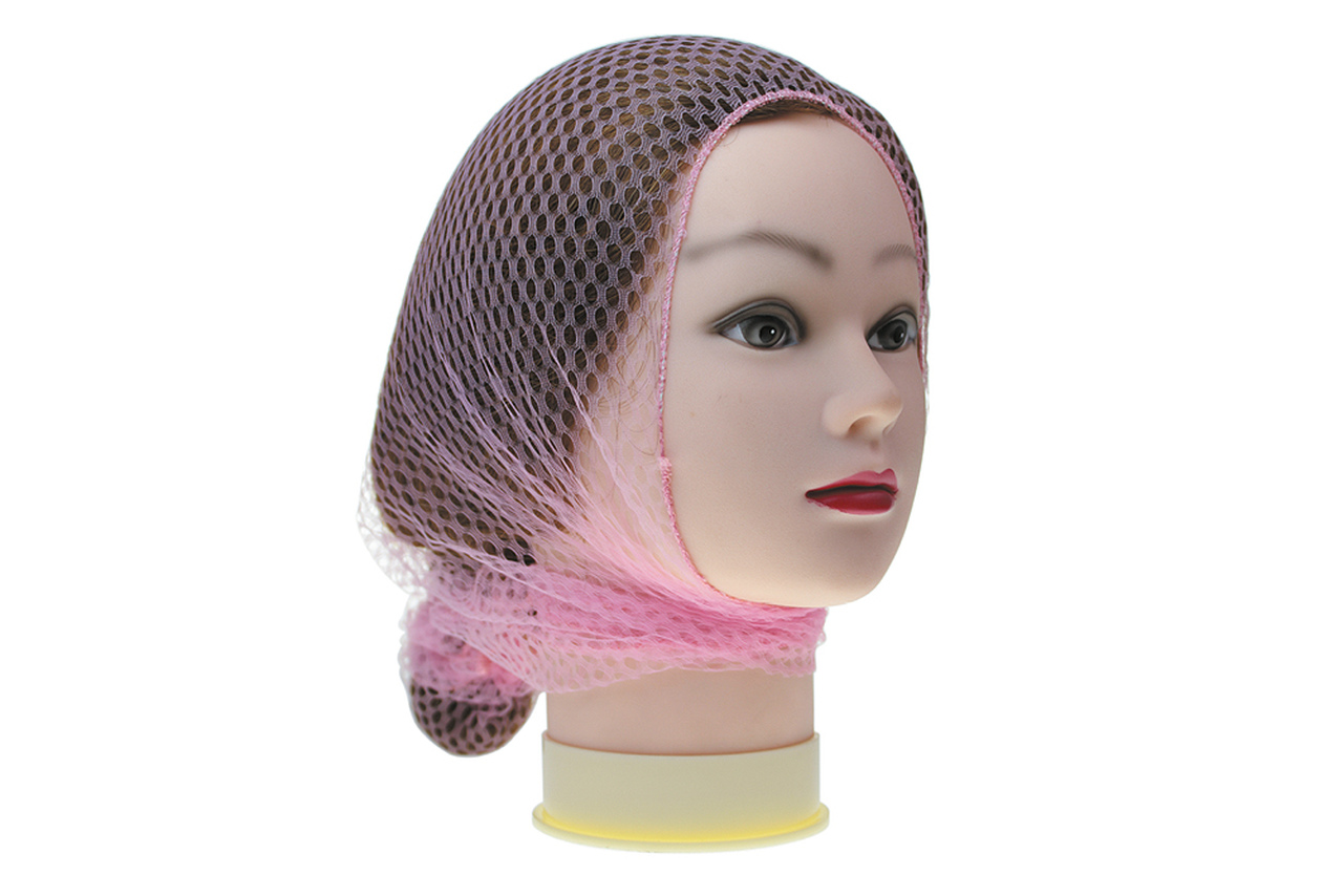 Cabeça de manequim com rede capilar cor de rosa e castanha.