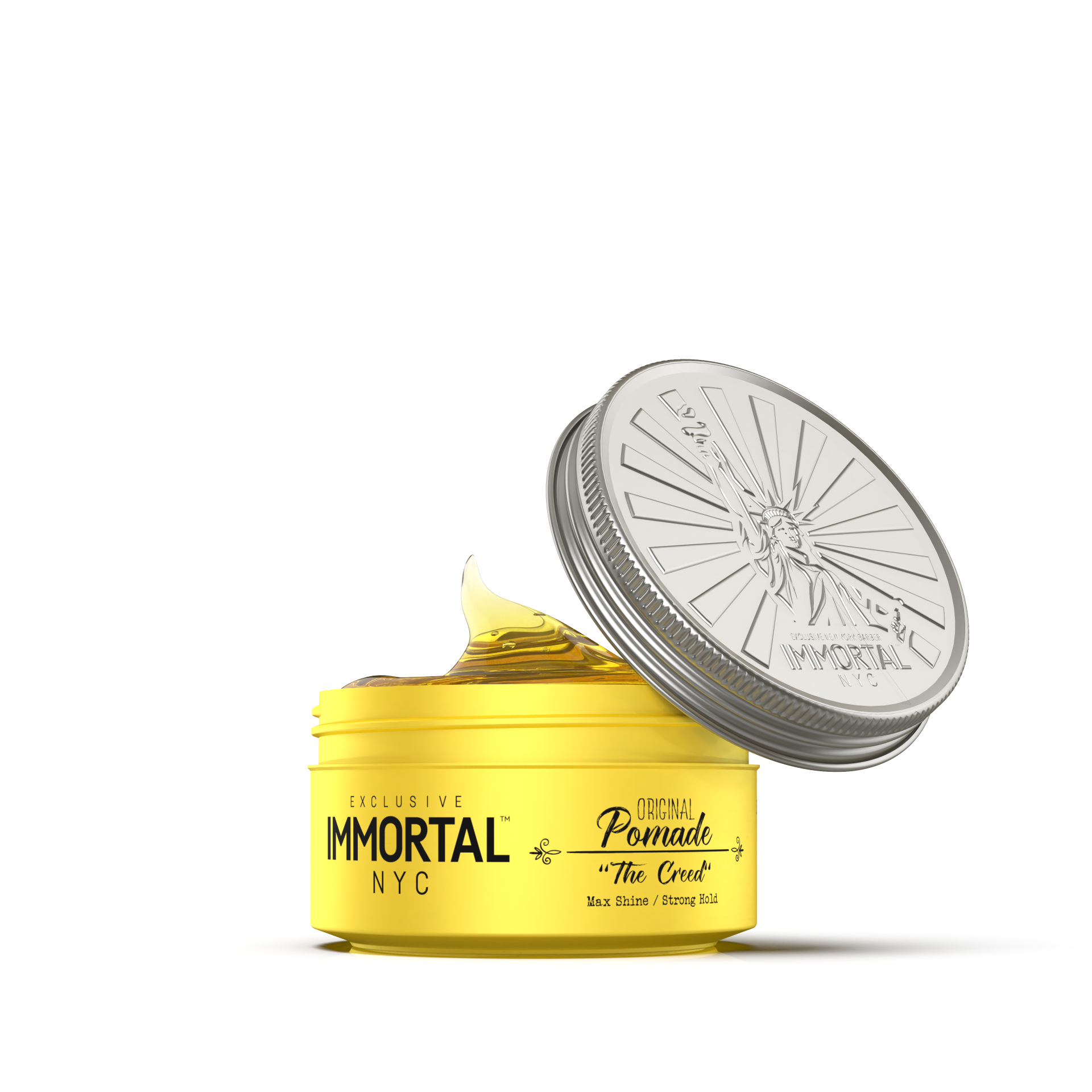 Pomada capilar IMMORTAL NYC Original Pomade The Clean em embalagem amarela com tampa prateada