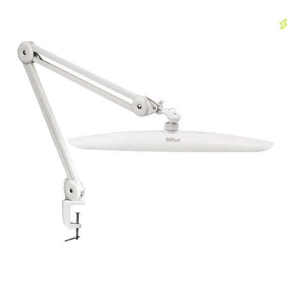 Candeeiro articulado de mesa branco com braço ajustável e base de fixação.