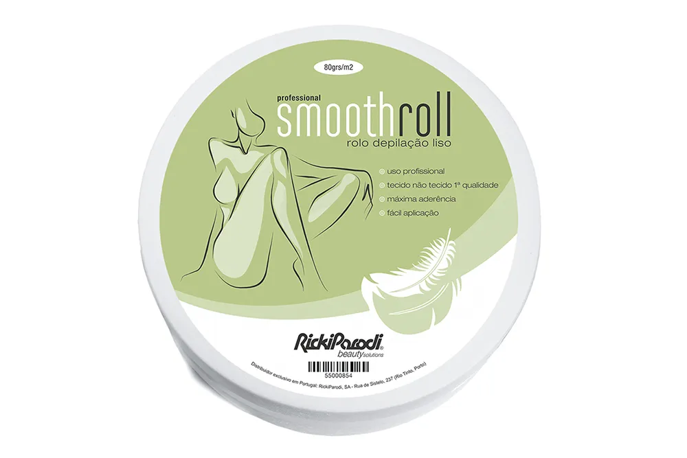Frasco branco redondo com etiqueta verde de produto para depilação smooth roll