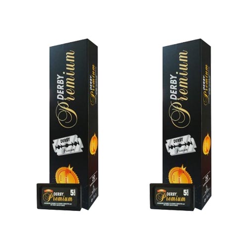 Duas caixas pretas de lâminas de barbear Derby Premium com texto dourado e branco