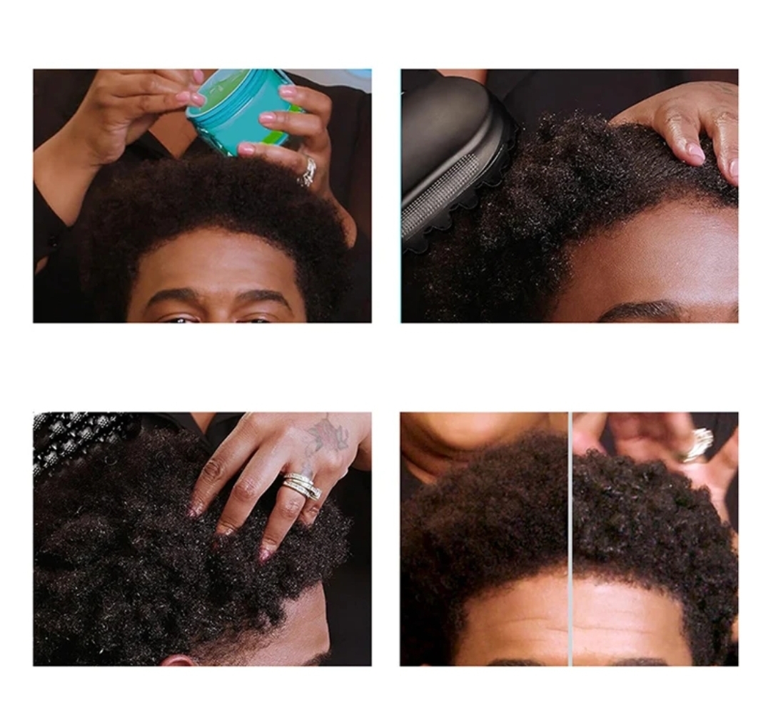 Fotos de uma pessoa a aplicar gel azul no cabelo encaracolado, mostrando diferentes ângulos e texturas.