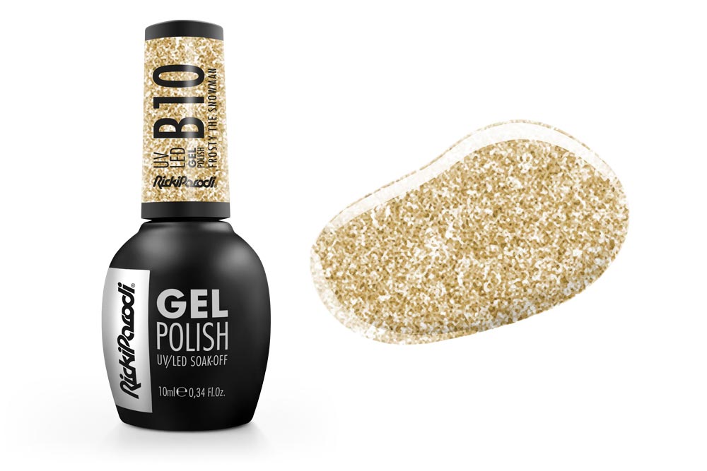 Verniz gel para unhas preto com tampa dourada brilhante e amostra de cor dourada cintilante