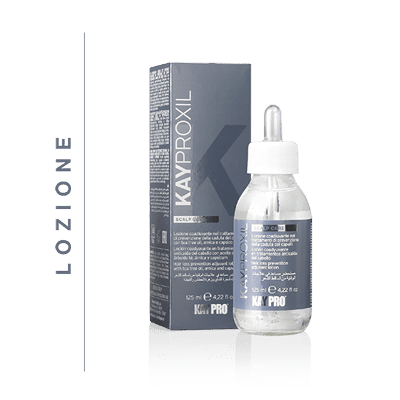 Loção capilar Kayproxil SCALP CURE em vidro com conta-gotas ao lado de caixa azul escuro