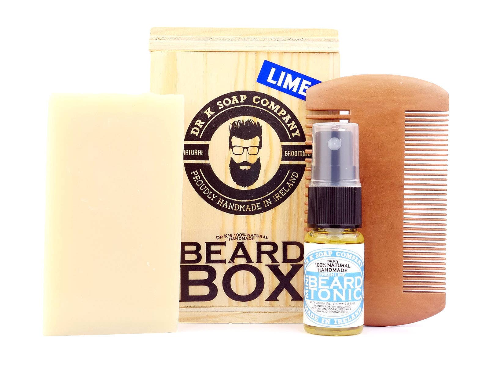 Conjunto de cuidado para barba com sabão, frasco spray e pente em caixa de madeira