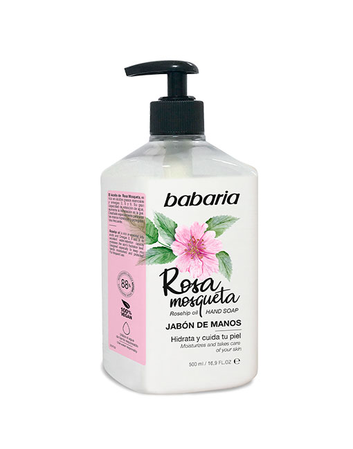 Frasco de sabonete líquido Babaria Rosa Mosqueta com tampa preta e rótulo branco com flor rosa