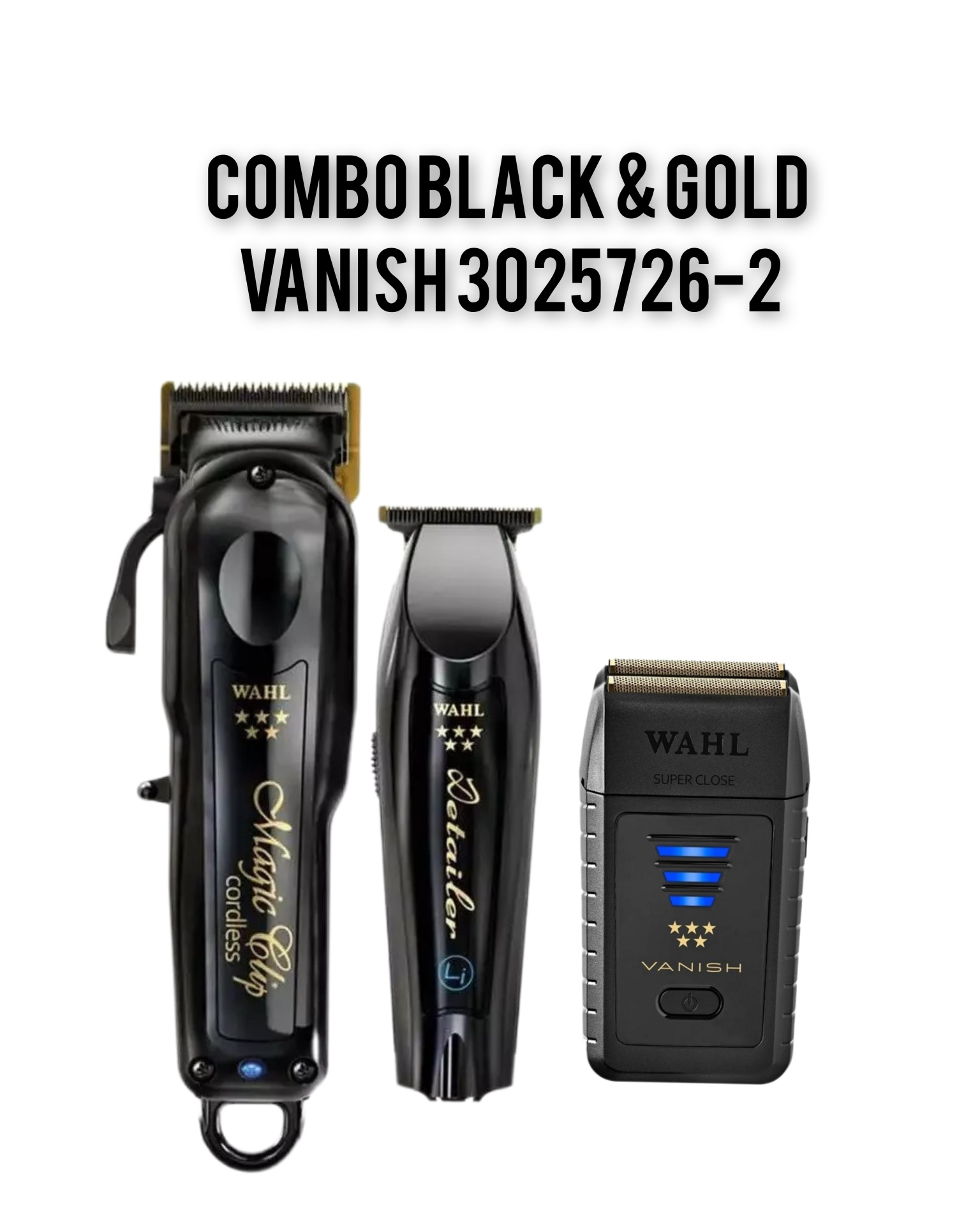 Aparelhos de barbear WAHL em preto e dourado com texto