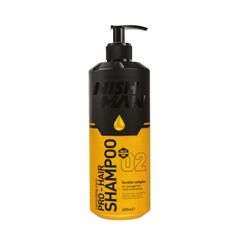 Frasco de shampoo NISH MAN Pro Hair preto e amarelo com doseador