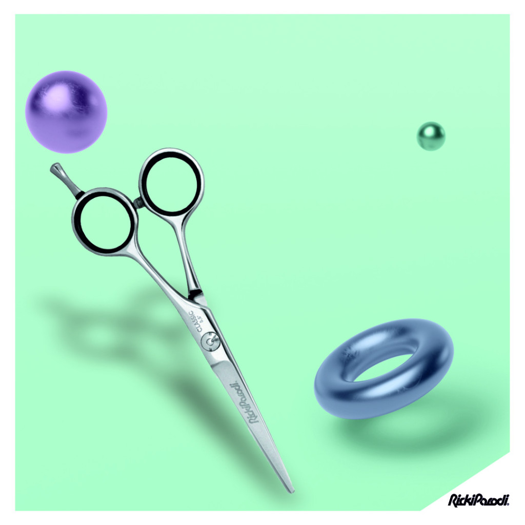 Tesoura de corte metálica com argolas pretas rodeada por formas geométricas roxas e azul numa superfície verde