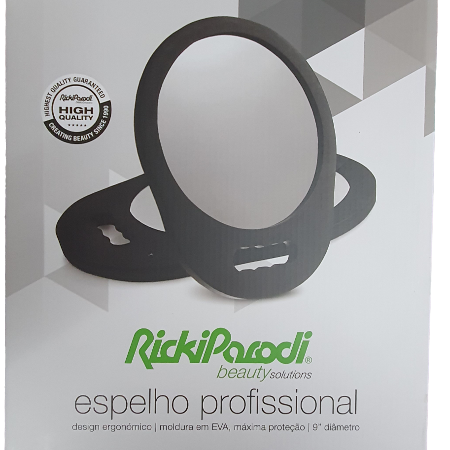 Espelho profissional redondo com moldura preta e texto RickiParodi beauty solutions