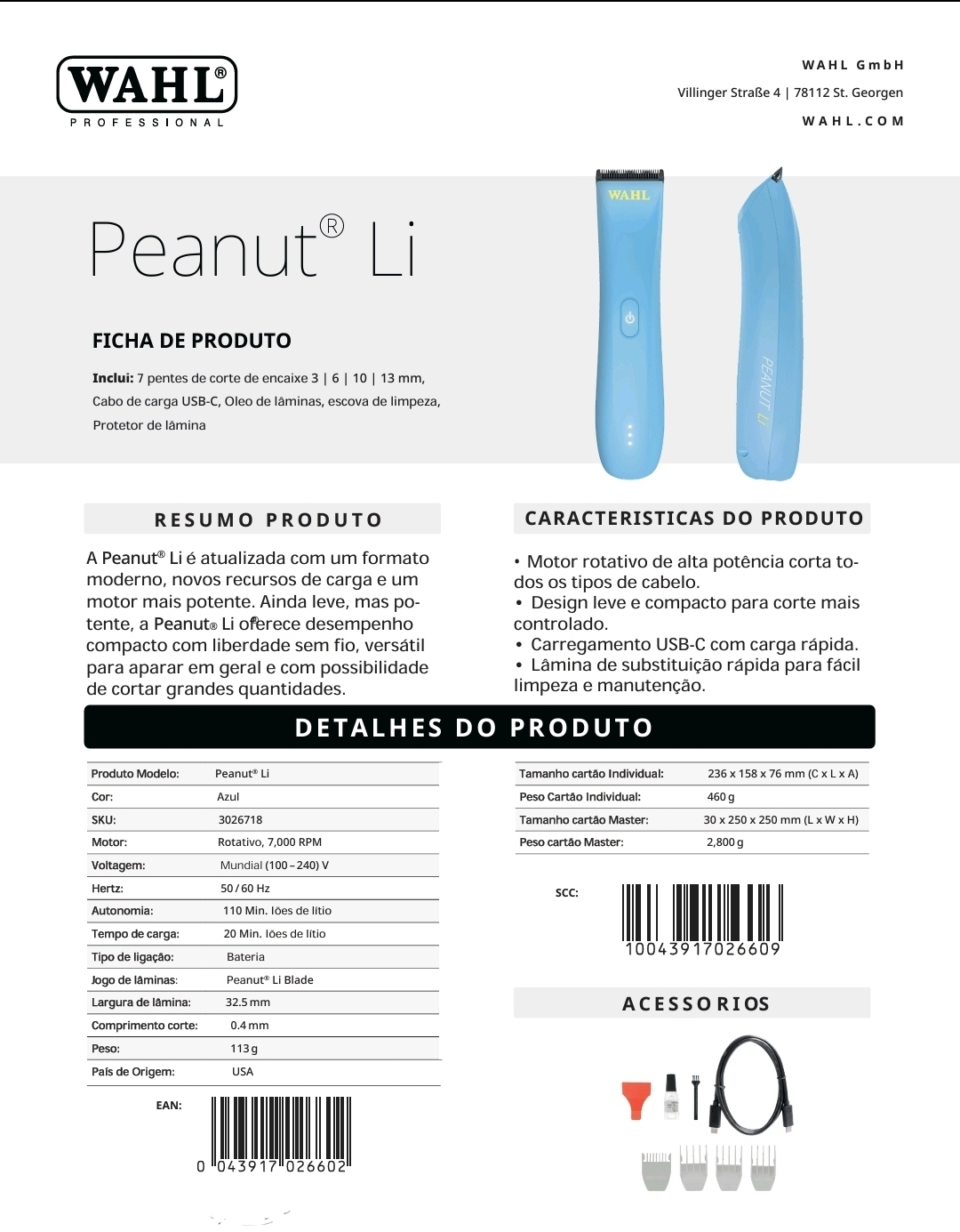 Máquina de cortar cabelo azul claro WAHL Peanut Li com acessórios