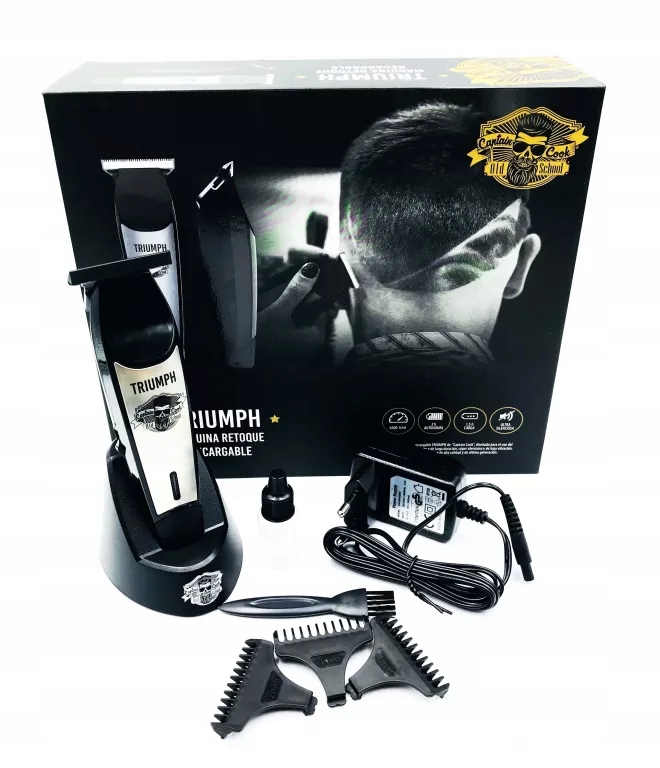 Conjunto para cortar cabelo TRIUMPH com máquina, base, adaptador, acessórios e pentes com embalagem preta ao fundo
