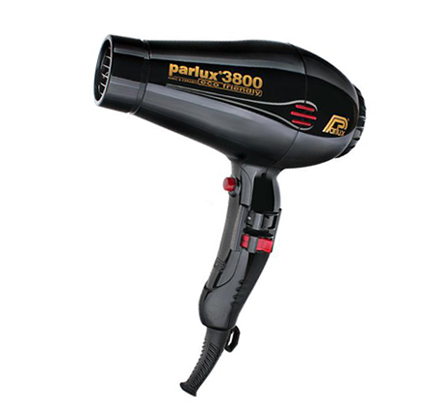 Secador de cabelo preto Parlux 3800 com detalhes dourados e vermelhos