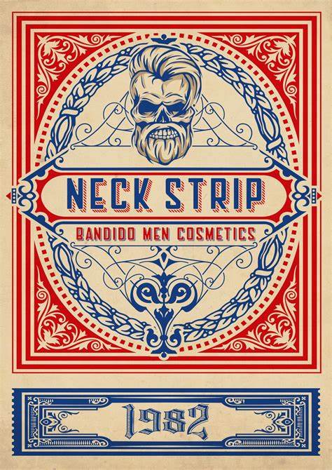 Logótipo vintage com crânio, texto Neck Strip e Bandido Men Cosmetics, número 1982