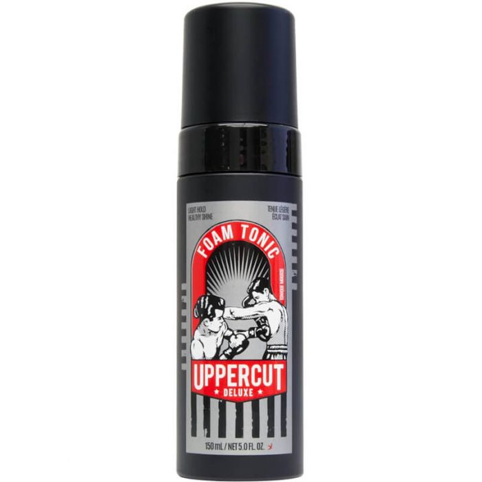 Espuma de barbear Uppercut Deluxe Foam Tonic em embalagem preta com ilustração de boxeadores