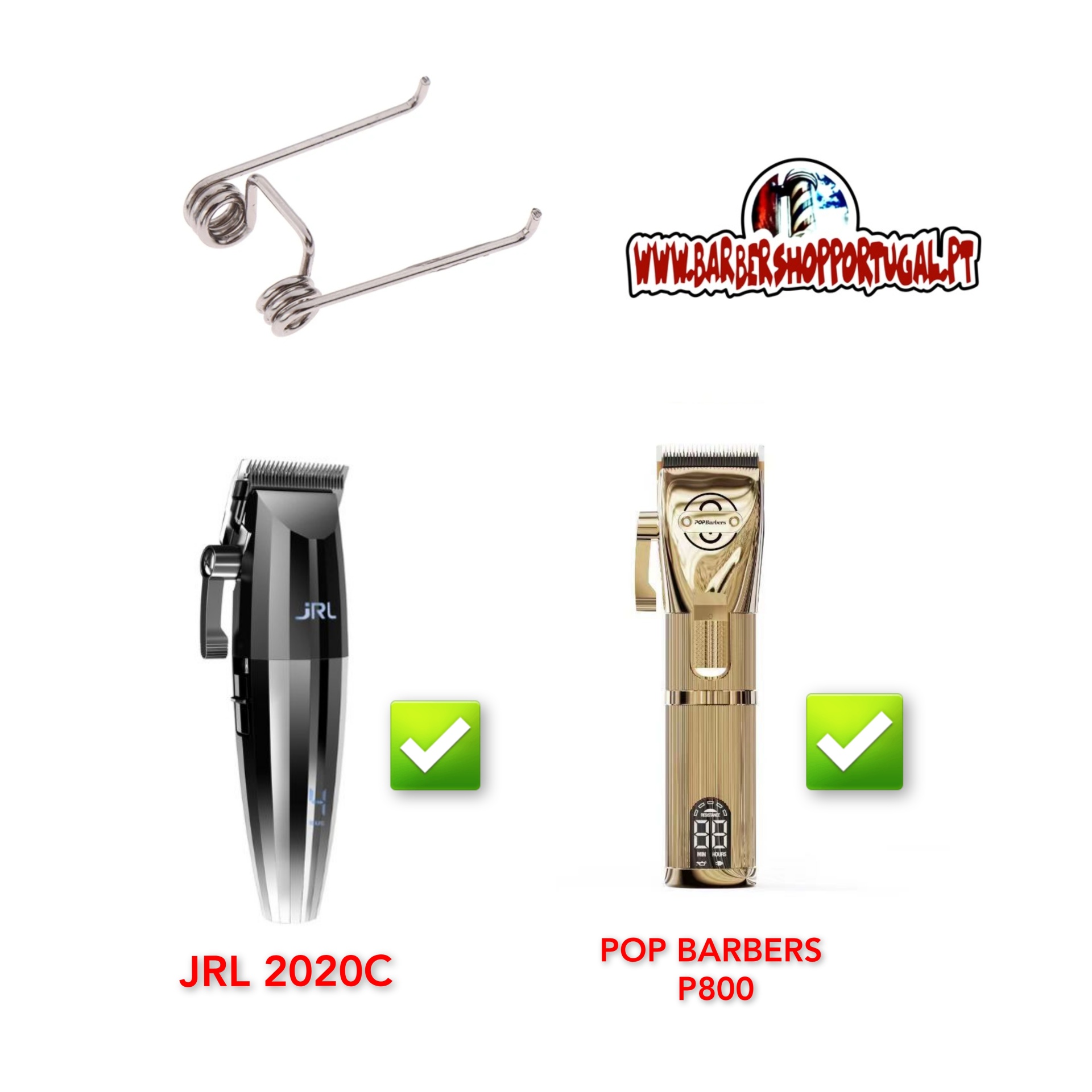 Dois cortadores de cabelo com suportes metálicos e logótipo de loja