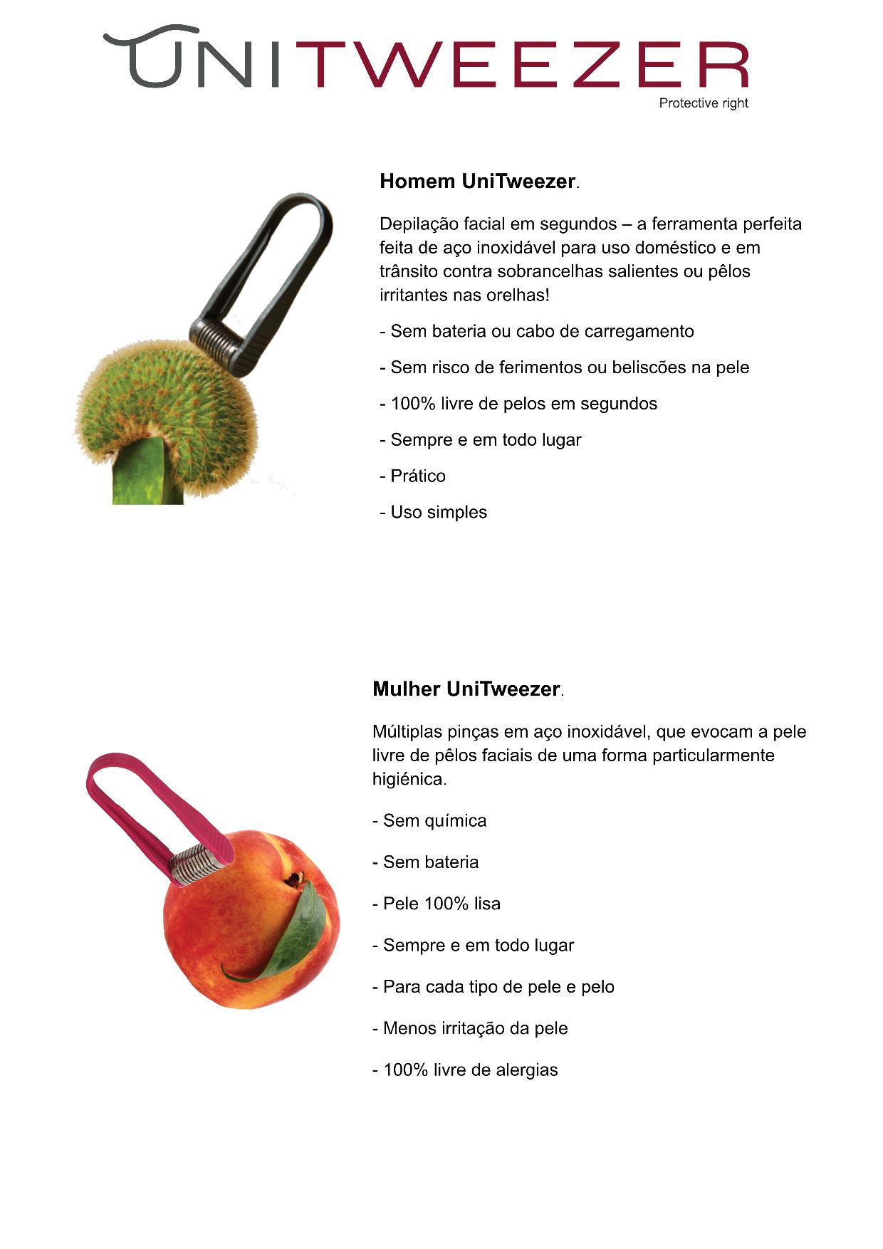 Pinças de depilação facial UniTweezer com descrição de uso