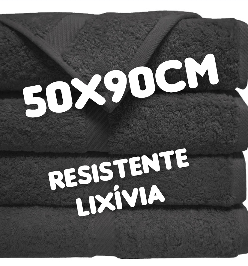 Toalhas pretas empilhadas com texto indicando tamanho e resistência