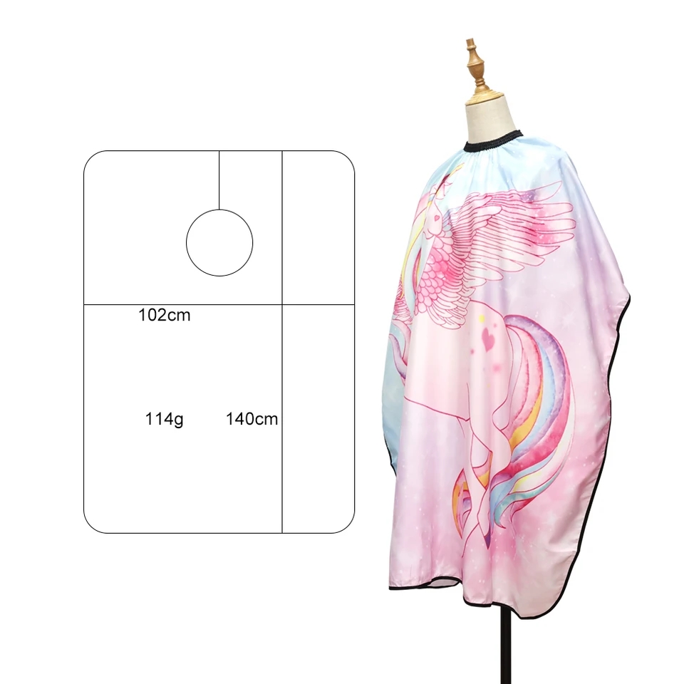 Capa de cabeleireiro unicórnio colorido com abertura circular para o pescoço