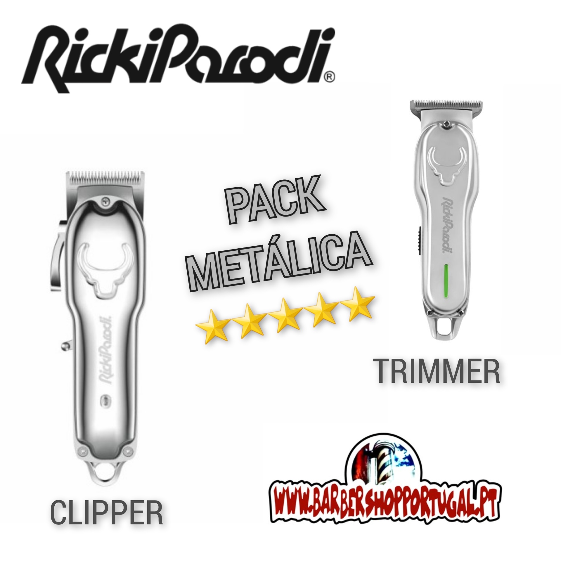 Dois aparelhos metálicos de corte de cabelo RickiParodi, um clipper e um trimmer, com texto promocional e logotipo de vendedor