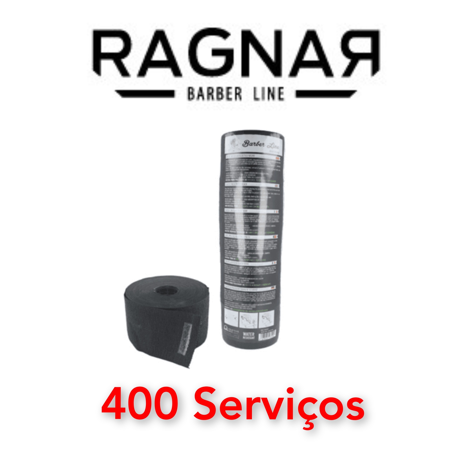 Faixa preta enrolada e embalagem do produto com texto, logo RAGNAR BARBER LINE
