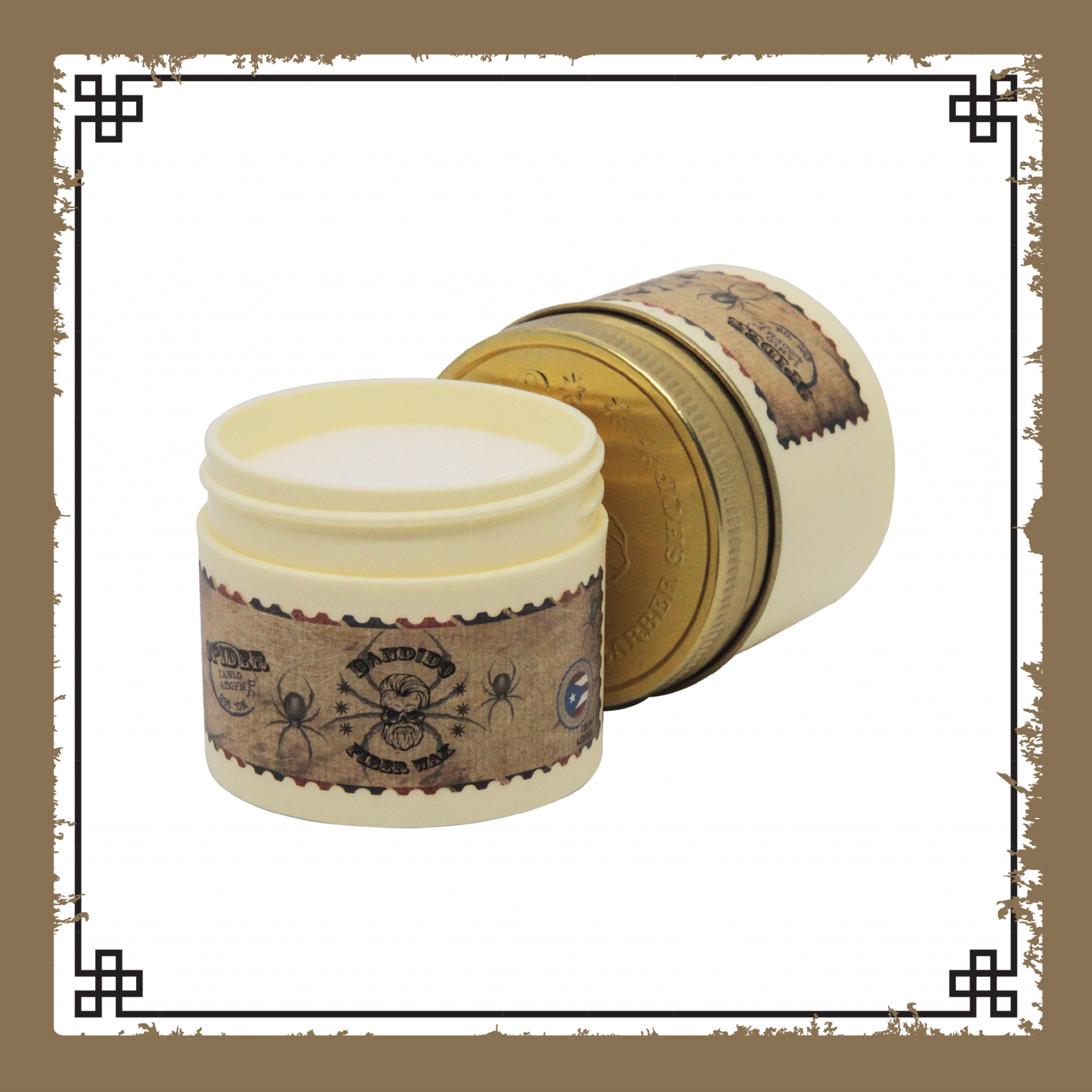 Frasco branco de creme aberto com tampa dourada e etiqueta castanha com aranhas