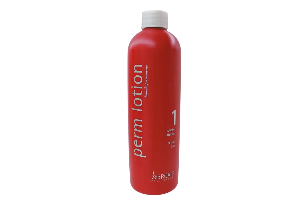 Frasco vermelho de perm lotion com tampa branca e texto branco